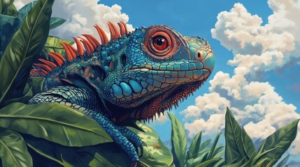 Obraz premium Colorful iguana resting among lush green leaves against a vibrant blue sky.
