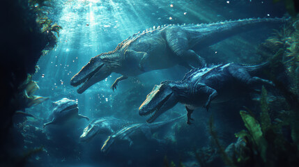 Fototapeta premium An underwater scene of multiple dinosaurs swimming together, a variety of sizes and shapes, each with distinct textures and features