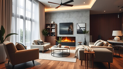 Magazine Cover of a Cozy Living Room with Modern Furniture and Elegant Interior Design in Soft Ambient Lighting