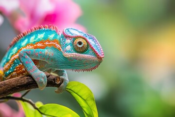 Obraz premium Colorful Chameleon Perched On Branch In Tropical Forest .generative ai