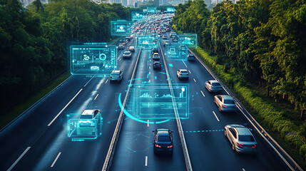 A highway with cars driving on it, connected by digital connections between vehicles and the road surface