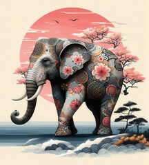 Obraz premium 日本画（Japanese painting）／象（Elephant） 浮世絵 イラスト