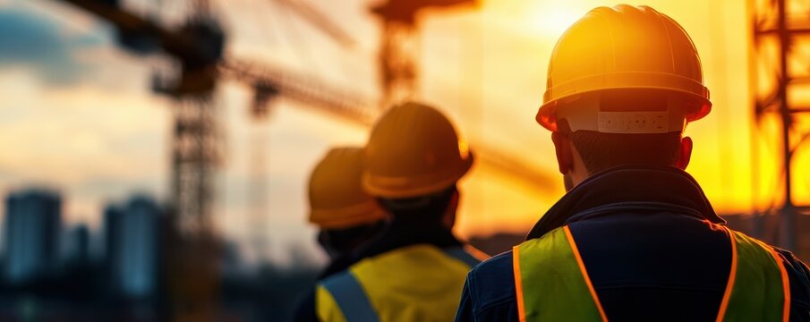Construction workers observing the sunset at a building site, silhouetted against the sky.