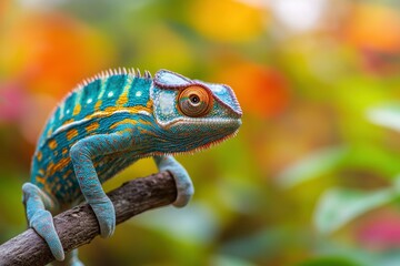 Fototapeta premium Colorful Chameleon Perched On Branch In Tropical Forest .generative ai