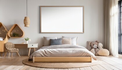 A minimalist bedroom with a wooden platform bed, neutral tones, a large blank frame, and cozy decorative elements, perfect for relaxation.