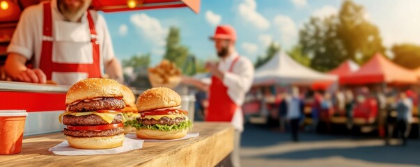 Delicious burgers on a wooden table at a vibrant food market scene.