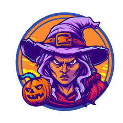 An illustration of a witch with a pointed hat and a pumpkin. The witch has a stern expression, and the background is a sunset.