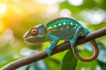 Fototapeta premium Colorful Chameleon Perched On Branch In Tropical Forest .generative ai