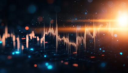 Dynamic sound wave representation with glowing light effects and blurred background.