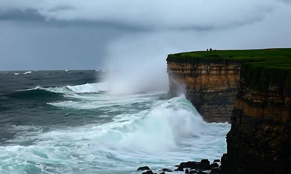 Dramatic Coastal Cliffs with Crashing Waves Under Stormy Skies