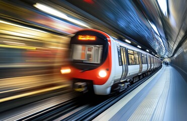 Fototapeta premium A subway train streaks through the cityscape in a long exposure image, reflecting dynamic movement and contemporary transit.