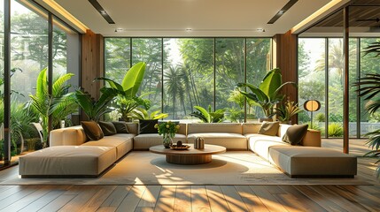 A spacious modern living room, with sleek furniture and green plants accentuating the luxury, large windows casting soft light on the wooden floor