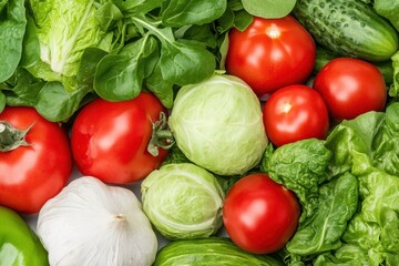 Fresh vegetables assortment, including tomatoes, lettuce, and cucumbers, white isolate background.