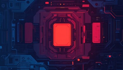 Futuristic circuit board design with vibrant red and blue elements.