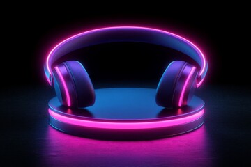 Neon pink and blue futuristic headphones on a circular glowing stand against a dark background symbolizing modern sound design tech aesthetics and digital audio innovation