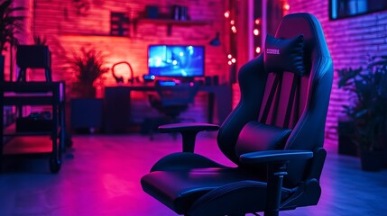 An ergonomic gaming chair with a wireless virtual reality controller, an automobile, and entertainment devices in a room with neon lights