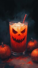Halloween-themed drink in a glass with a pumpkin design and mini pumpkins nearby.