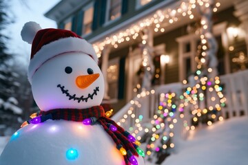 snowman is standing in front of the American mansion decorated with many colorful lights garlands with decorated with Christmas lights in front of the house