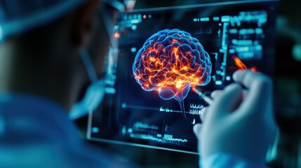 Obraz premium Healthcare professional analyzing brain activity on digital screen.