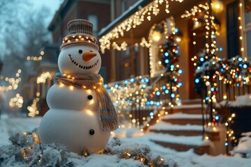 Obraz premium snowman is standing in front of the American mansion decorated with many colorful lights garlands with decorated with Christmas lights in front of the house
