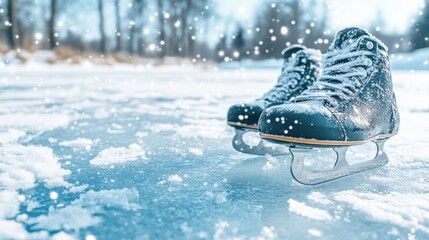 Ice skates on frozen rink with snowflakes falling, capturing winter sports spirit.