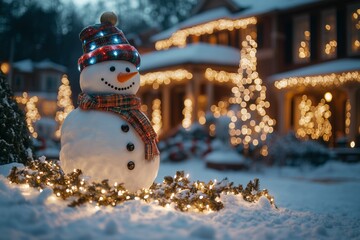 Obraz premium snowman is standing in front of the American mansion decorated with many colorful lights garlands with decorated with Christmas lights in front of the house