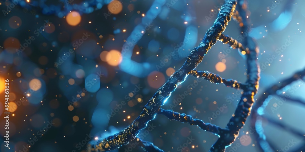 Wall mural 3d render of double helix dna, blue color with bokeh background