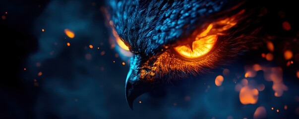 Majestic owl with orange eyes against a mystical dark background