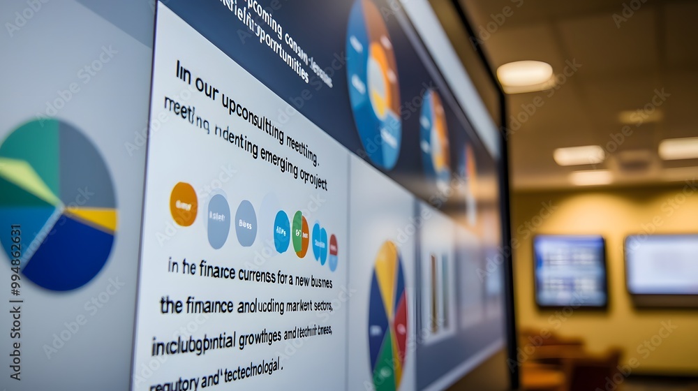 Poster colorful pie charts on a computer screen displaying business data