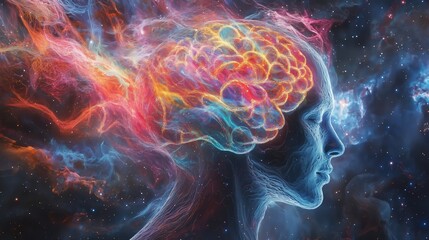 Discover vibrant brain wave visuals as energy patterns pulse in a cosmic backdrop, merging art with science.
