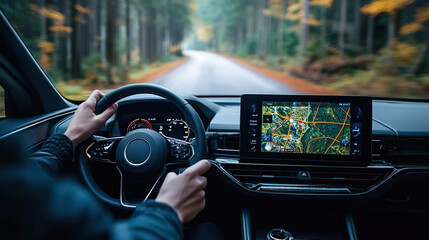 A person is driving a car, holding the steering wheel and looking at an open tablet displaying a map that shows their location