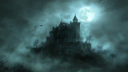 Fototapeta premium Haunted House on a Hill A spooky, old mansion surrounded by fog, with a glowing full moon in the background and bats flying around.