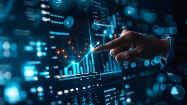 Sales director hand interacting with virtual success metrics, symbolizing sales growth, MORE Inspirational, business concept with finger pointing at ascending arrow in a futuristic interface, dark blu