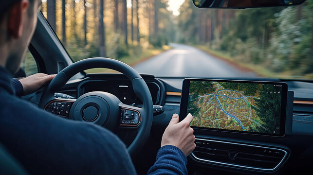 A person is driving a car, holding the steering wheel and looking at an open tablet displaying a map that shows their location