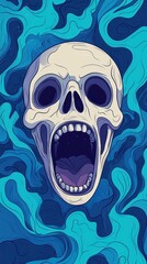 Fototapeta premium Screaming skull design with vibrant blue swirls, dramatic art style.