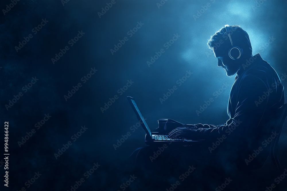 Fototapete man in profile working on a laptop in a dark misty environment wearing headphones symbolizing digita