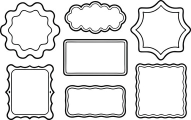 Set of arch and double arc, rectangle and square, oval and circle frames with wavy edges. Simple geometric forms with wiggly borders. Empty boxes, tags or labels. Vector graphic illustration on black 