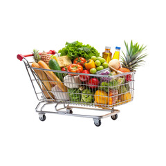 Healthy grocery shopping made visible with a variety of food items in a cart.
The bounty of the supermarket aisle captured in one convenient shopping trolley.