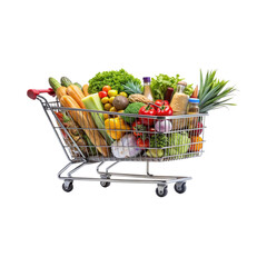 shopping cart brimming with fresh produce and groceries against  assortment of colorful fruits, vegetables, and bread in a metal shopping cart transparent PNG background 