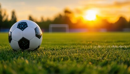 Fototapeta premium Soccer ball on green field during sunset, vibrant colors, energetic atmosphere.