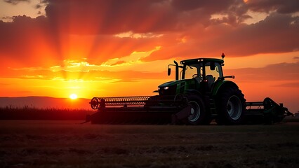 Agricultural machinery working in the fields at sunset, capturing the essence of modern farming. The warm glow of the setting sun highlights the equipment and the expansive farmland.
