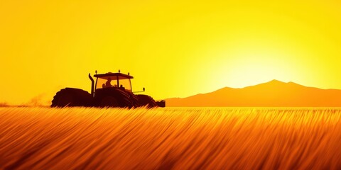 Fototapeta premium Tractor working in a golden field during sunset, silhouette against an orange sky.