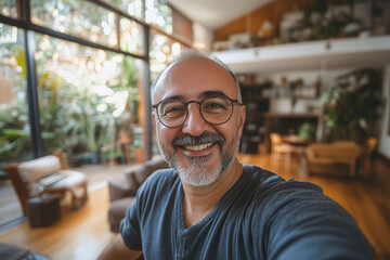 Obraz premium Smiling middle-aged man with glasses taking a selfie in a sunlit living room