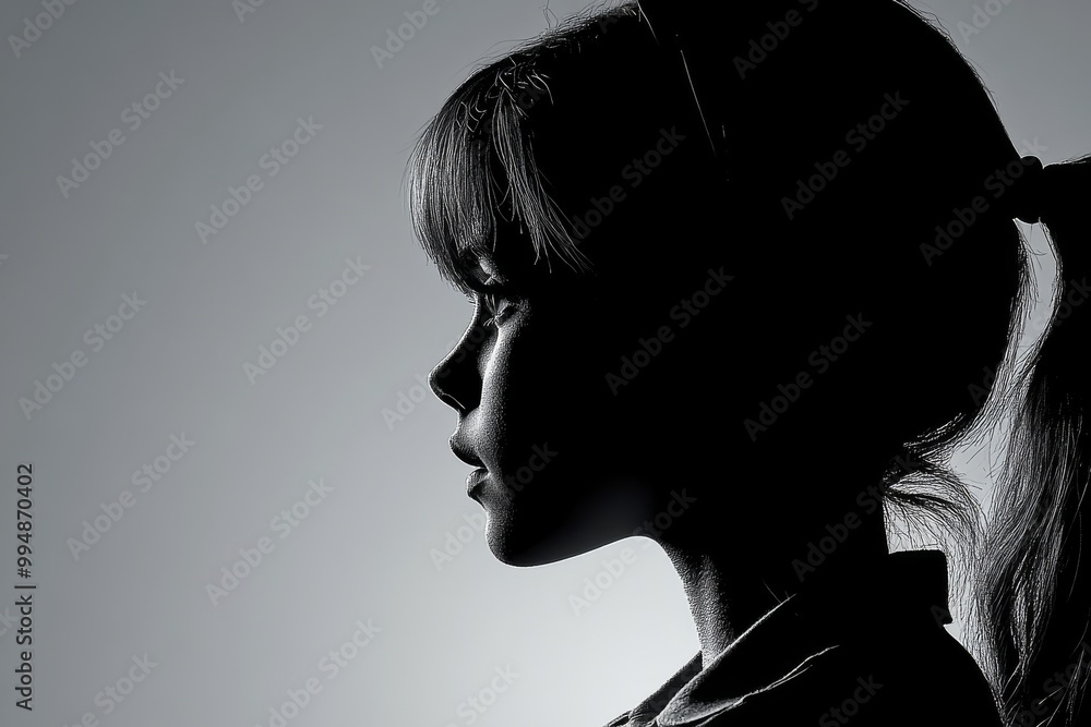 Poster silhouette of a woman in profile with minimal lighting symbolizing contemplation calmness and person