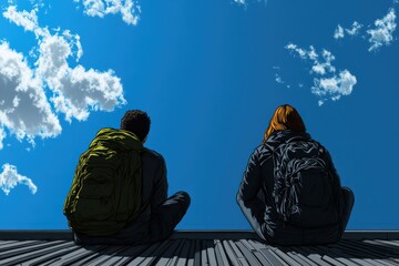 Obraz premium Two people with backpacks sitting on a roof, looking at a clear blue sky.