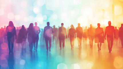 Abstract watercolor painting of business people walking in the city, on a white background