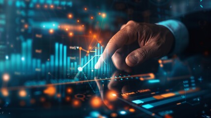 Executive hand touching virtual growth graph, representing success and advancement, MORE Inspirational, business concept with finger pointing at rising arrow in a tech interface, dark blurred backgrou