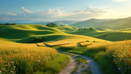 Obraz premium A breathtaking landscape of rolling agricultural hills, showcasing lush green fields and winding paths. The peaceful countryside creates a serene and picturesque scene.