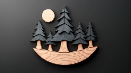 Wooden forest landscape design, layered textures, isolated on a dark backdrop.