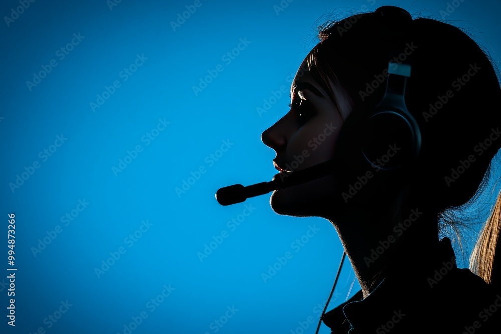 Poster silhouette of a woman wearing a headset working in front of a glowing blue background symbolizing fo